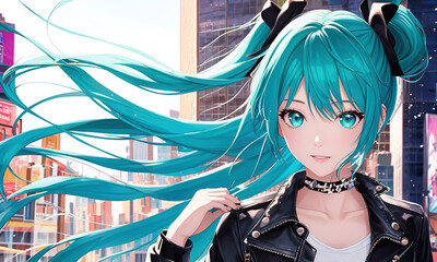 anime portrait of a girl with blue hair in the city - obrazy, fototapety, plakaty