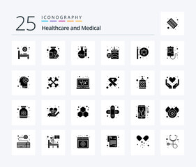 Medical 25 Solid Glyph icon pack including blood. medical center. laboratory. hospital signboard. cigarette