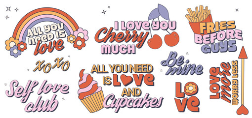 Trendy groovy valentines day sticker set. Retro valentine's day sayings. 70s 60s aesthetics. Vintage vector.