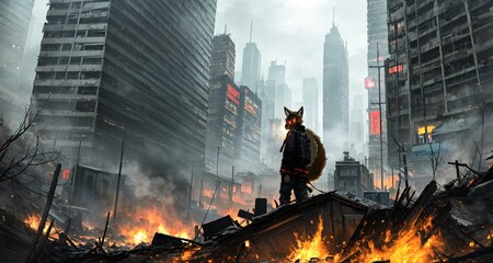 fox like monster destroys a city