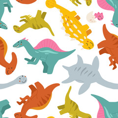 Vector seamless pattern with cute baby dinosaurs. Hand drawn spinosaurus, plesiosaurus, ankylosaurus, velociraptor, parasaurolophus. Set of flat cartoon dinosaurus.