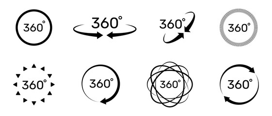 360 degree icon set. Symbol with arrow to indicate the rotation, virtual reality or panoramas to 360 degrees. Vector illustration