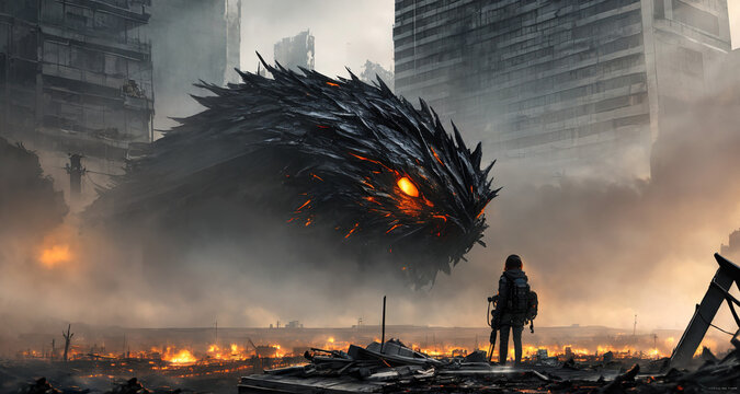 a giant monster with glowing eyes destroying cities