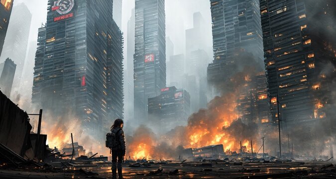 person standing in a burning city