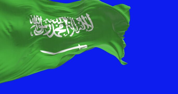 Saudi Arabia national flag waving isolated on a blue background