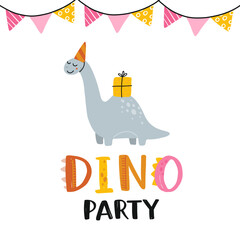 Happy birthday. Lovely vector illustration with funny dinosaur and gift. Hand drawn print, greeting card or poster for children room decoration. Flat cartoon dino character and lettering