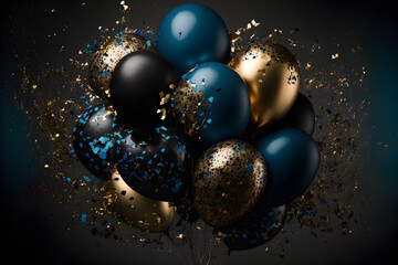 Festive dark background with blue and gold balloons. Generative AI.