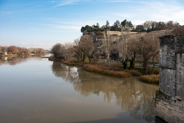 Avignon, Vaucluse, France - Fortresses and watch towers at the Saint Benezet bridge and the river...