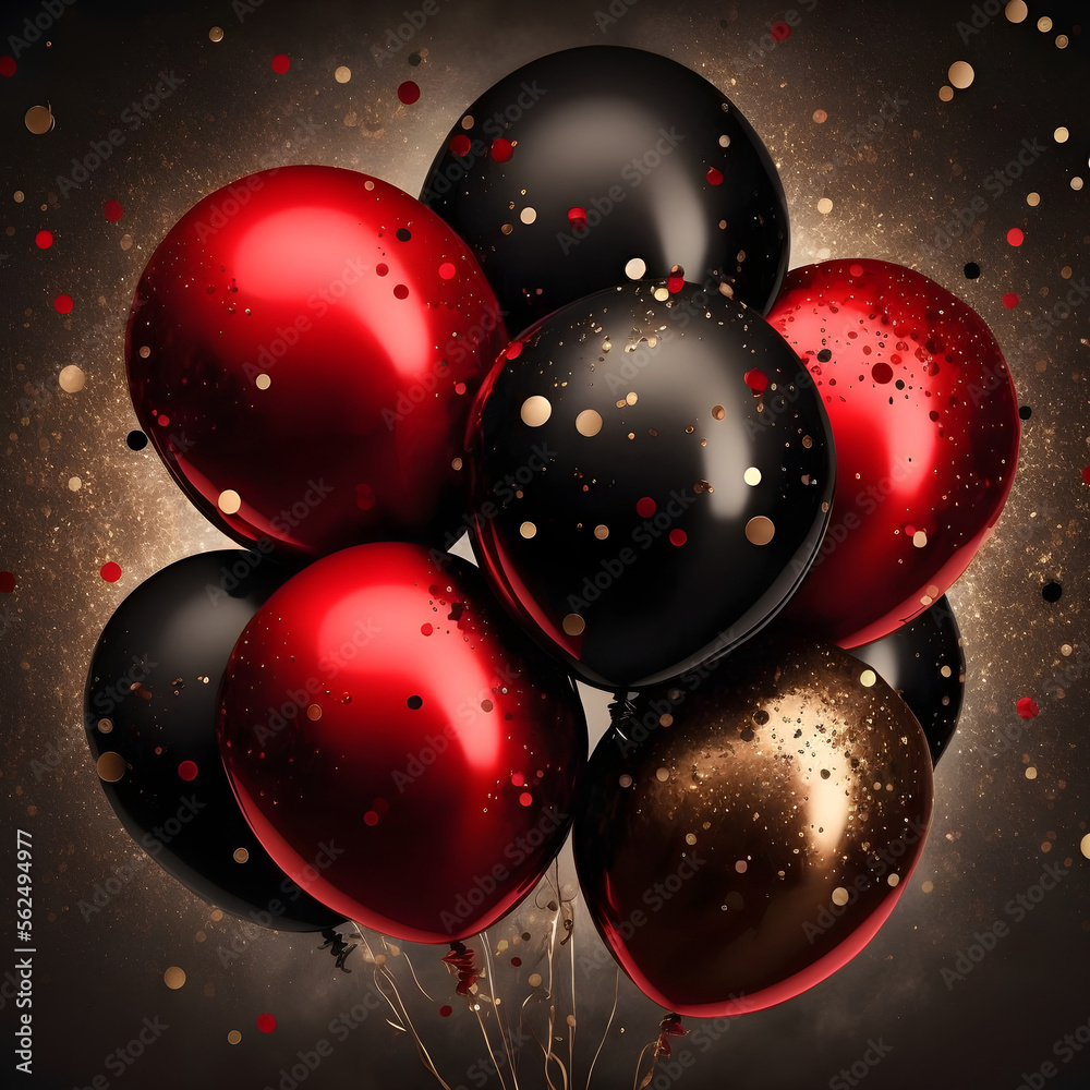 Sticker festive background with red and black balloons. generative ai.