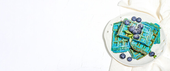 Homemade Belgium Waffles with blueberries. Gluten-free blue dessert, fresh fruits and mint