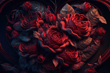Obraz premium Beautiful bouquet of dark red roses in the shape of a heart, love, valentine, Generative AI