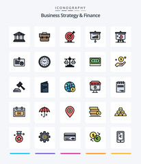 Creative Business Strategy And Finance 25 Line FIlled icon pack  Such As information. presentation. portfolio. chart. arrow