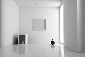  a white room with a black vase and a picture frame on the wall and a white shelf with a black vase on the floor and a white wall behind it, and a window with a. Generative AI