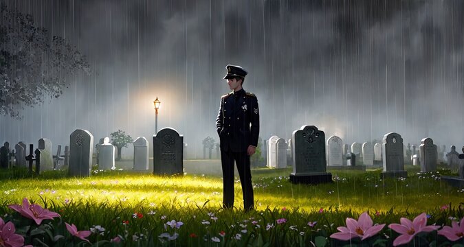 person in uniform standing in a cemetery while raining,