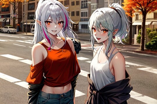 anime - style image of two women in short - sleeved top and jeans