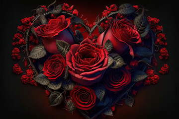 Beautiful heart with red roses, dark red background, love, valentine, Generative AI