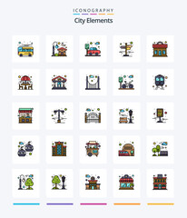 Creative City Elements 25 Line FIlled icon pack  Such As music. left right. moon. street. city