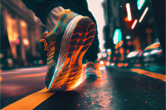 Close Up Low Angle View Of Running Shoes With While Soles On An Empty Road As The Sun Highlights The Distance