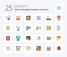 Video Producing And Computer Hardware 25 Flat Color icon pack including connection. mother. cpu. mainboard. computer