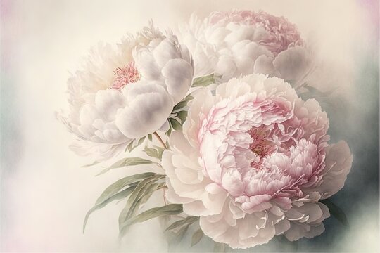  a painting of three pink and white flowers on a white background with green leaves and a pink center flower in the middle of the picture is a pale pink and white background with a pink. Generative AI