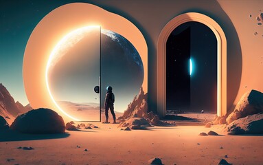 there is a astronomer standing in front of a large doorway