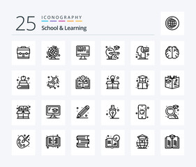 School And Learning 25 Line icon pack including book. knowledge. education. hemisphere. brain