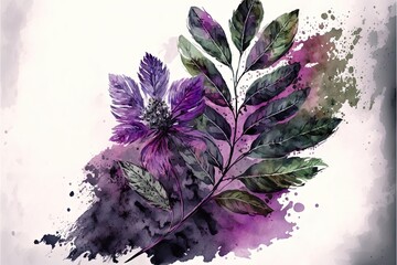  a painting of a purple flower with green leaves on a white background with a watercolor splash effect in the middle of the image and the bottom corner of the image is a black and. Generative AI