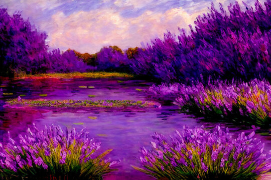 Pond in purple tones in the style of impressionism, drawing on a graphics tablet © Art N More