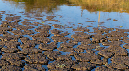 Reduction of water in the reservoir. Earth cracked because of drought. The global shortage of water on the planet. Global warming concept.