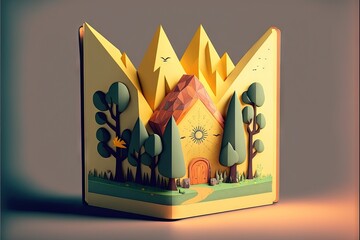  a book with a house in the middle of it and trees on the front of it, and mountains in the back of it, and a sun in the middle of the middle of the book. Generative AI