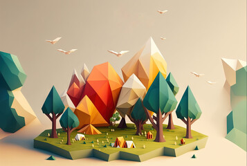  a paper cut of a landscape with trees and tents in the foreground and a bird flying overhead in the background. Generative AI