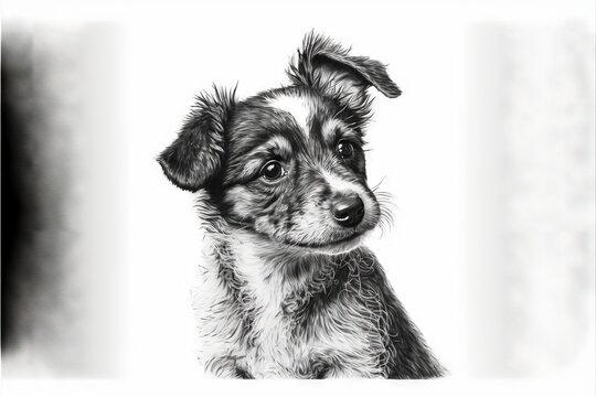  a black and white photo of a dog looking at the camera with a sad look on his face and ears, with a white background of a white wall and a black and white backdrop. Generative AI