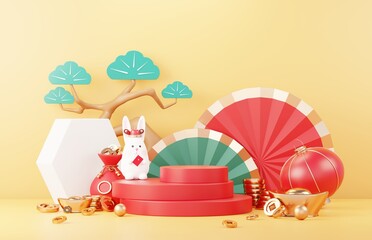 Happy Chinese new year 2023 with the year of Rabbit. Traditional Podium for showing product. Lunar new year red background decorate with Chinese texture, gold, coins, and zodiac sign. 3D render.
