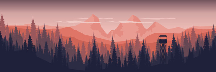 sunrise in the foggy mountains forest silhouette flat design vector illustration good for web banner, ads banner, tourism banner, wallpaper, background template, and adventure design backdrop