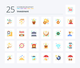 Investment 25 Flat Color icon pack including debt. money. growth. hand. investment