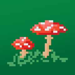 Obraz premium Pixel art mushroom. Fly agaric in retro style. Nostalgia. Old games. Vector illustration