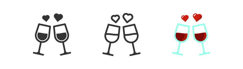 Two wineglasses with wine, and with hearts icon. Celebrating, love symbol. St. Valentine's day concept. Red wine and hearts signs. Outline, flat, and colored style.  Flat design.