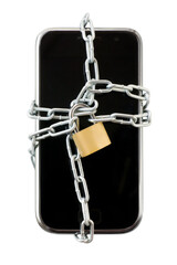 Smart phone in chain with lock. ecurity, data protection and software lock theme. Isolated png with transparency - 562498318