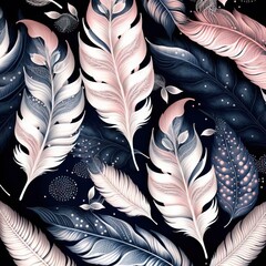  a black background with pink and blue feathers on it, and a white and black background with a blue and pink feather pattern on it, and a black background with white and pink and. Generative AI