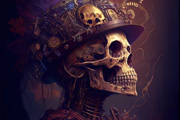 Tuinposter Steampunk skull face portrait with digital art style, generative AI © grandfailure
