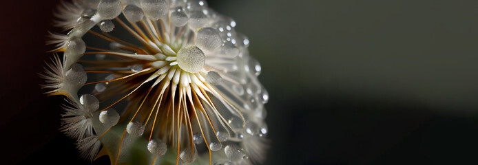 dandelion flower with dew, panoramic layout. Generative Ai