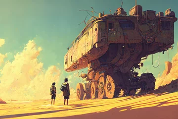 Zelfklevend Fotobehang Two people  standing and looking at a giant dystopian vehicle in the desert, digital art style, generative AI © grandfailure