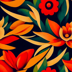 Seamless floral pattern. Hand-drawn watercolor background of fabulous flowers in orange and red tones.