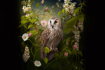 owl and flowers, springtime concept. Generative Ai