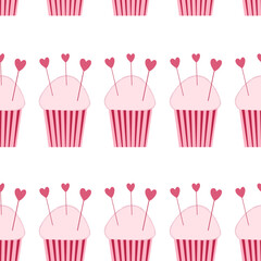 Seamless pattern with pink cupcakes and hearts. Gift for valentine's day. Flat style vector illustration.