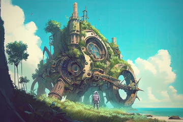 Keuken foto achterwand Grandfailure futuristic man looking at a giant ancient engine covered with leaves sits on the beach, digital art style, generative AI
