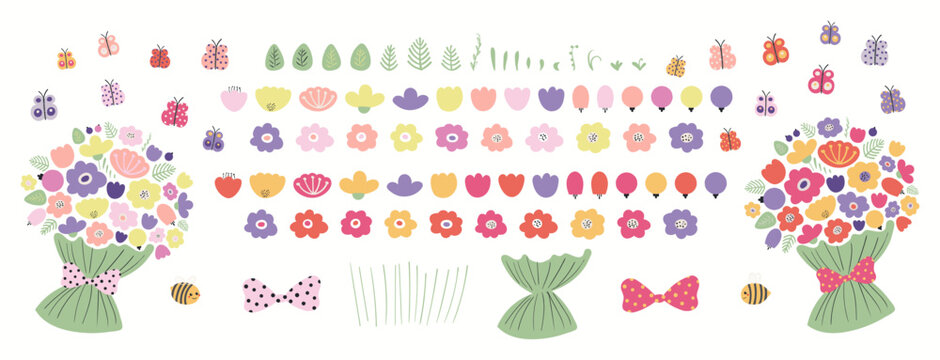 Spring, summer flowers, greenery, butterflies, bees clipart collection, isolated on white. Hand drawn vector illustration. Floral elements set. Bouquet creator. Scandinavian style flat design.