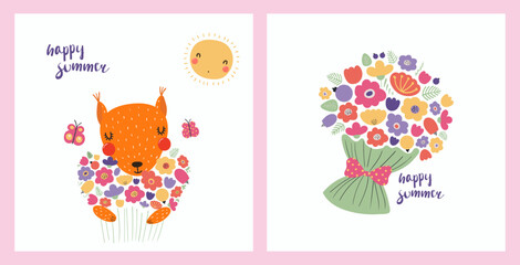Cute funny squirrel holding flowers, bouquet, lettering. Posters, cards collection. Hand drawn vector illustration. Scandinavian style flat design. Concept spring, summer kids fashion, textile print.