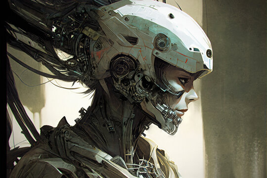 Portrait of a semi-cyborg mechanic in digital art style, generative AI