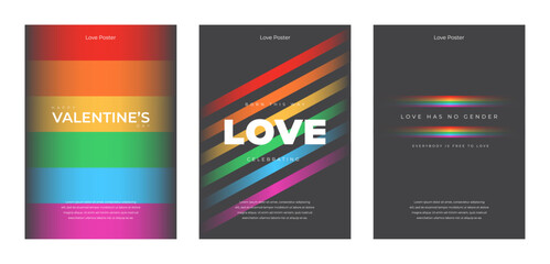 LGBT poster set. Happy valentine's day cover on black background. Social media post template design. Colorful rainbow banner for lgbt community event vector illustration